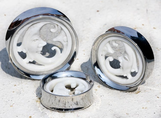 MOON SYNTHESIS PLUGS Double Flare Steel and Bone - 20mm - 34mm - Price Per 1