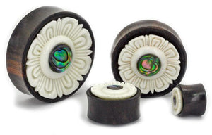 Areng Wood Double Flared Aztec Flower Plug with Abalone Inlay — Price Per 1 - Painful Pleasures