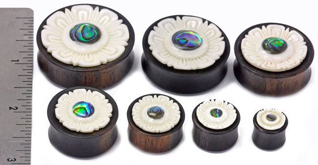 Areng Wood Double Flared Aztec Flower Plug with Abalone Inlay — Price Per 1