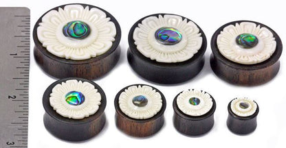 Areng Wood Double Flared Aztec Flower Plug with Abalone Inlay — Price Per 1 - Painful Pleasures