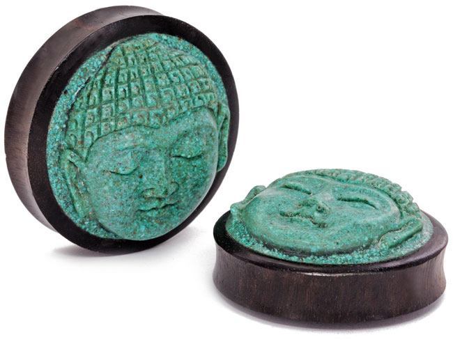Carved Turquoise Buddha Face Areng Wood Plug — Price Per 1