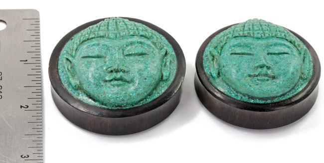 Carved Turquoise Buddha Face Areng Wood Plug — Price Per 1