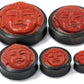 Carved Red Coral Buddha Face on Areng Wood Base Solid Plug - Natural Organic Jewelry 8mm - 50mm Price Per 1
