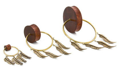 Double Flare Tiger Wood Plug with Polished Bronze Feather Charms - Price Per 1 - Painful Pleasures