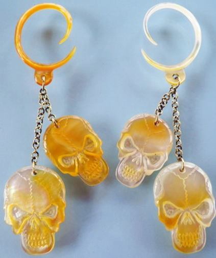 Pirate Skulls Mother of Pearl Large Gauge Dangle Earrings - Price Per 2