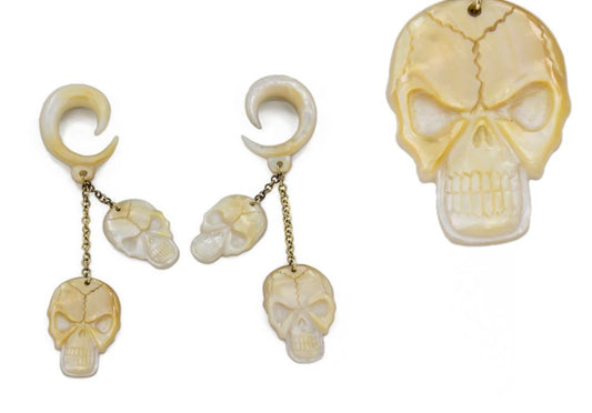 Pirate Skulls Mother of Pearl Large Gauge Dangle Earrings - Price Per 2