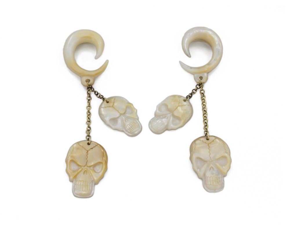 Pirate Skulls Mother of Pearl Large Gauge Dangle Earrings - Price Per 2