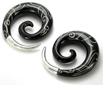 Spiral Black Horn Silver Tip Earrings — 4mm–12mm — Price Per 2 - Painful Pleasures