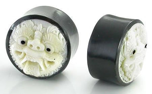Barong Face Carved Bone Inlayed on Horn Organic Plug Body Jewelry 14mm - 24mm - Price per 1 - Painful Pleasures