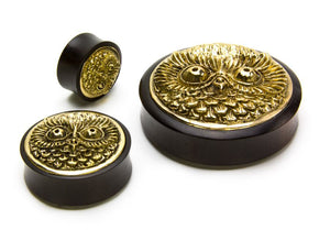 BRASS OWL Inlay Areng Wood Organic Plugs - Price Per 1 - Painful Pleasures