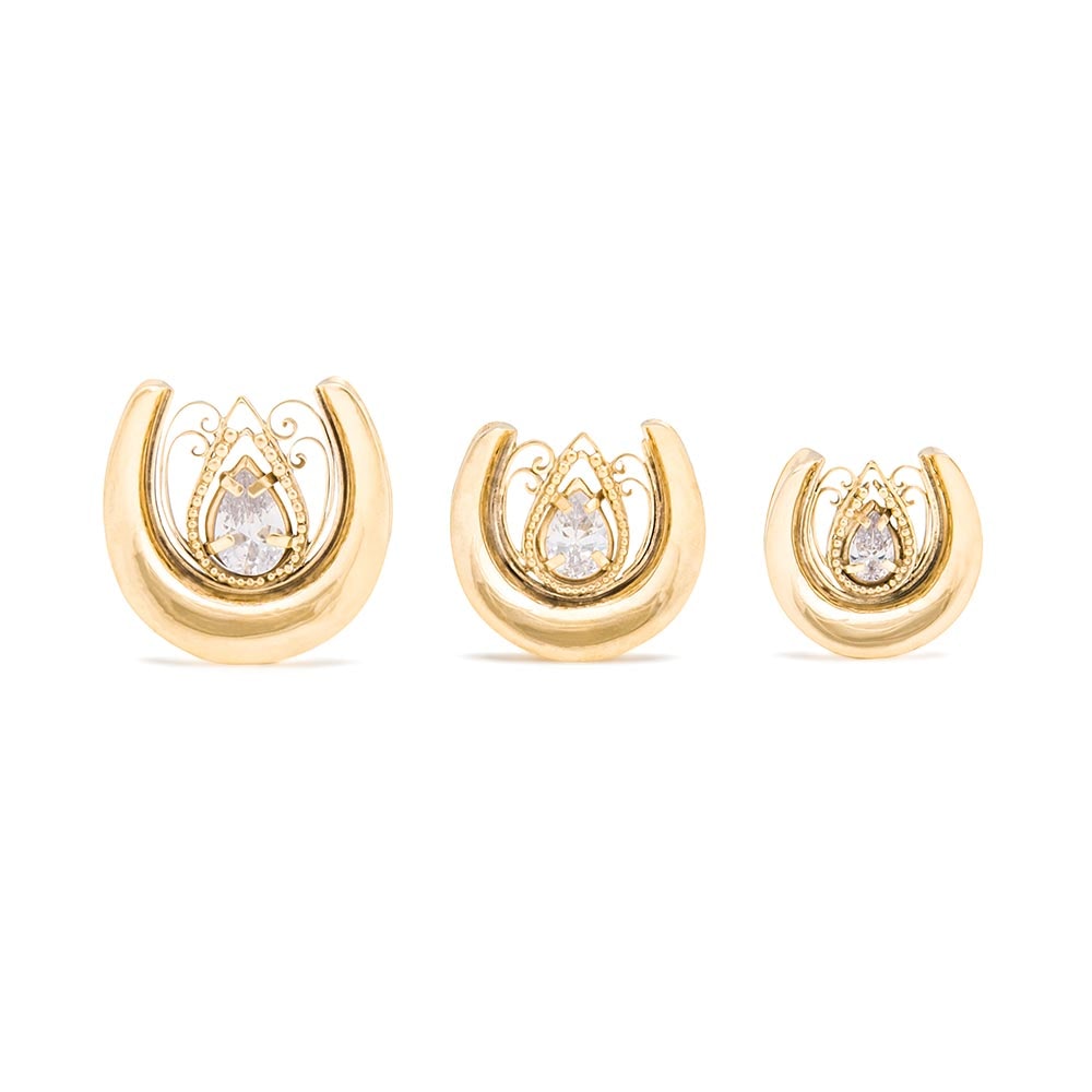 Crystal Tear Drop Gold Plated Saddle Plug — Standing Up and Laying Flat