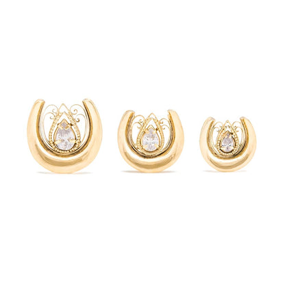 Crystal Tear Drop Gold Plated Saddle Plug — Standing Up and Laying Flat