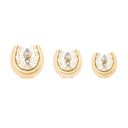 Flowing Filigree Gold Plated Saddle Plug — Standing Up and Laying Flat