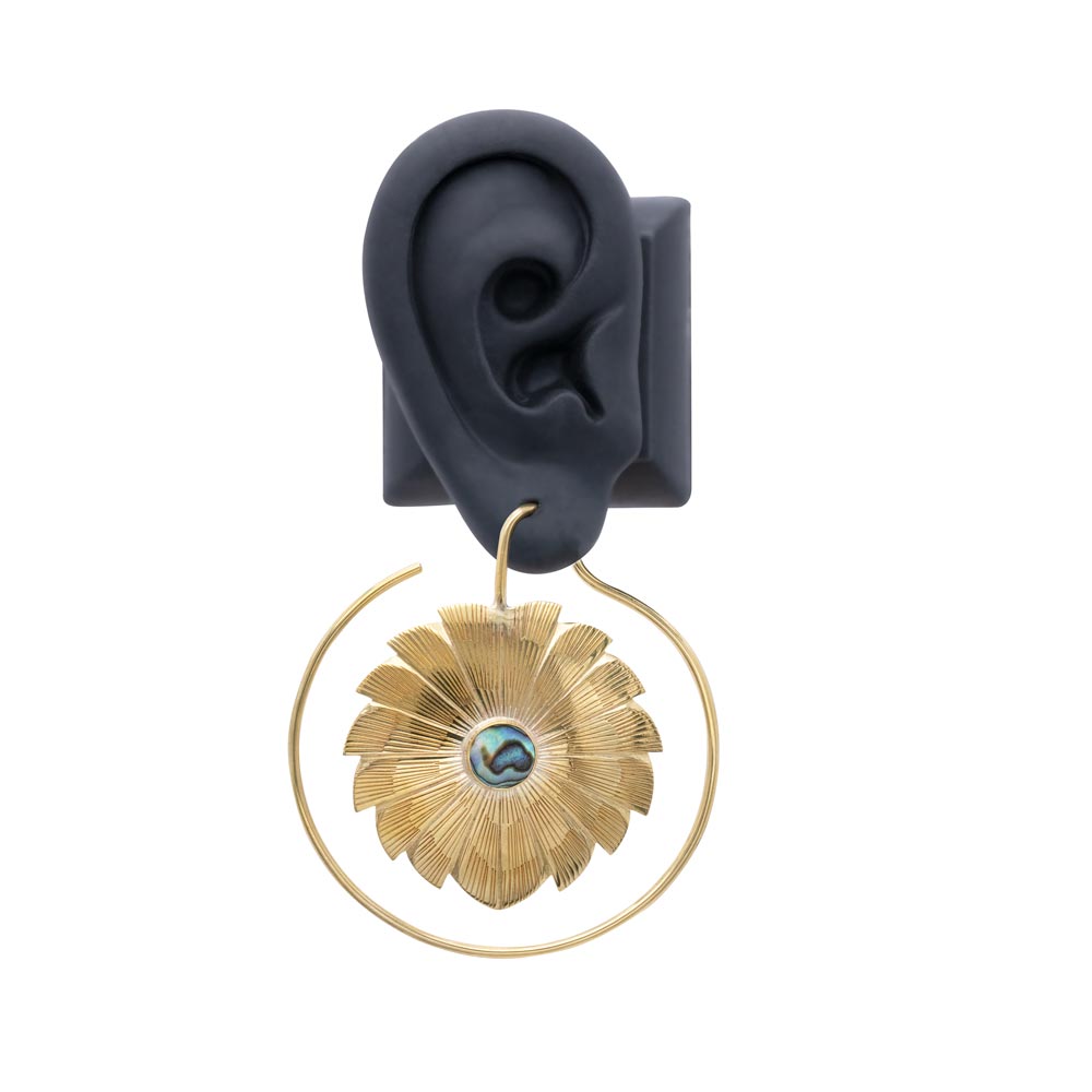 12g Art Deco Daisy Brass Earrings — Displayed on model Ear