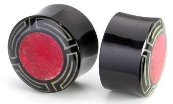 EGYPTIAN with Red Coral Inlay Horn Plug Wholesale Organic Ear Jewelry - Price Per 1