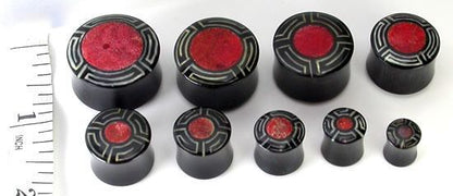 EGYPTIAN with Red Coral Inlay Horn Plug Wholesale Organic Ear Jewelry - Price Per 1 - Painful Pleasures