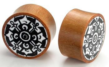 Dharma Circle Design on Red Saba Wood Plug Wholesale Organic Jewelry 14mm-24mm - Price Per 1 - Painful Pleasures