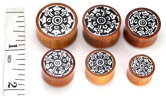 Dharma Circle Design on Red Saba Wood Plug Wholesale Organic Jewelry 14mm-24mm - Price Per 1