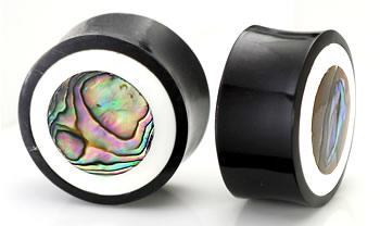 Horn Plug with Abalone Inlay and White Outline Organic Plug 8mm-24mm - Price Per 1