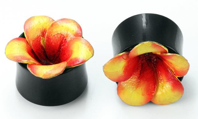 Horn Plug with Painted Pink/Yellow LEATHER FLOWER CAP Inlay Organic Plug 8mm-24mm - Price Per 1