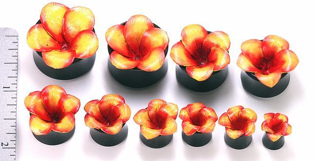 Horn Plug with Painted Pink/Yellow LEATHER FLOWER CAP Inlay Organic Plug 8mm-24mm - Price Per 1