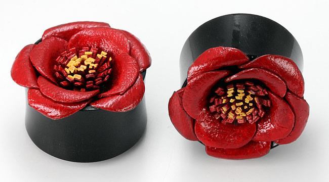 Horn Plug with Painted LEATHER FLOWER CAP Inlay Organic Plug 8mm-24mm - Price Per 1