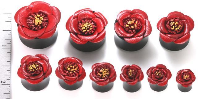 Horn Plug with Painted LEATHER FLOWER CAP Inlay Organic Plug 8mm-24mm - Price Per 1