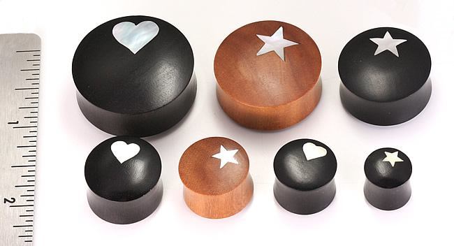 Areng Wood with MOP HEART Inlay Double Flare Solid Natural Plug - 12mm - 34mm - Price Per 1