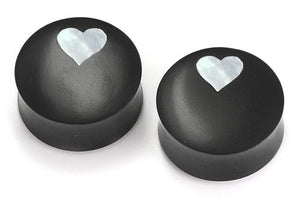 Areng Wood with MOP HEART Inlay Double Flare Solid Natural Plug - 12mm - 34mm - Price Per 1 - Painful Pleasures