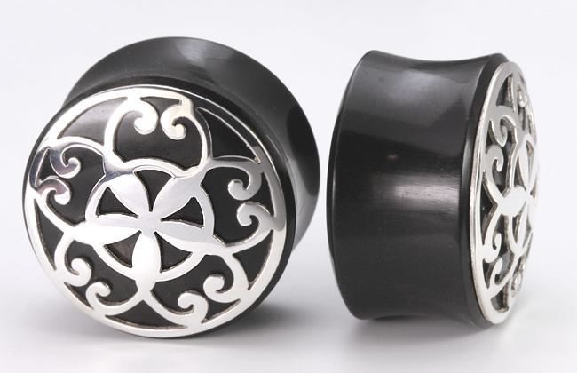 .925 Flower Silver Cap over a Double Flared Horn Organic Plug 10mm-26mm - Price Per 1
