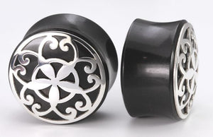 .925 Flower Silver Cap over a Double Flared Horn Organic Plug 10mm-26mm - Price Per 1 - Painful Pleasures