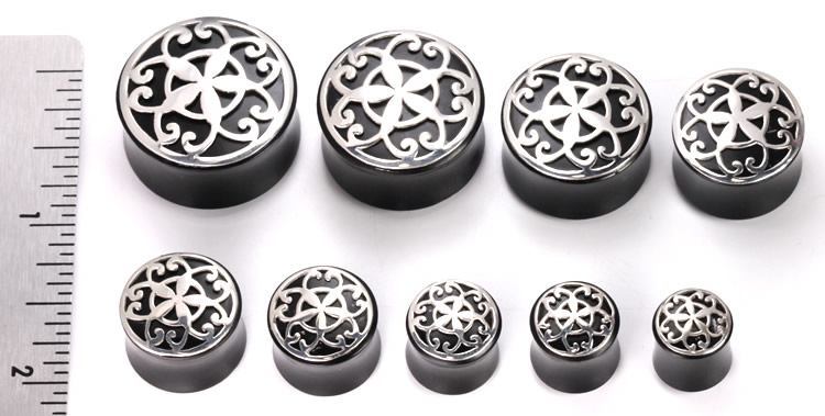 .925 Flower Silver Cap over a Double Flared Horn Organic Plug 10mm-26mm - Price Per 1