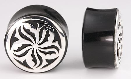 .925 PINWHEEL Silver Cap on a Double Flared Horn Organic Plug 10mm-24mm - Price Per 1