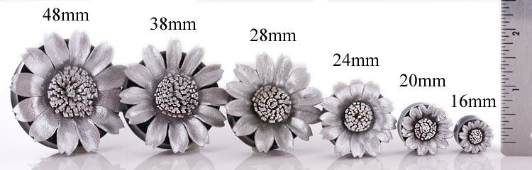 SILVER Sun Flower Painted Leather Double Flare Horn Plug 8mm - 50mm - Price Per 1