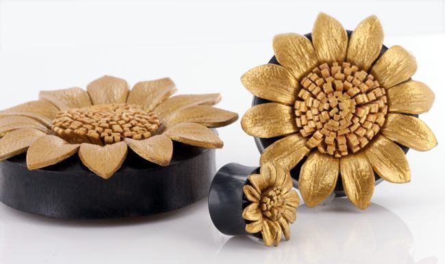 GOLDEN Sun Flower Painted Leather Double Flare Horn Plug 8mm - 50mm - Price Per 1
