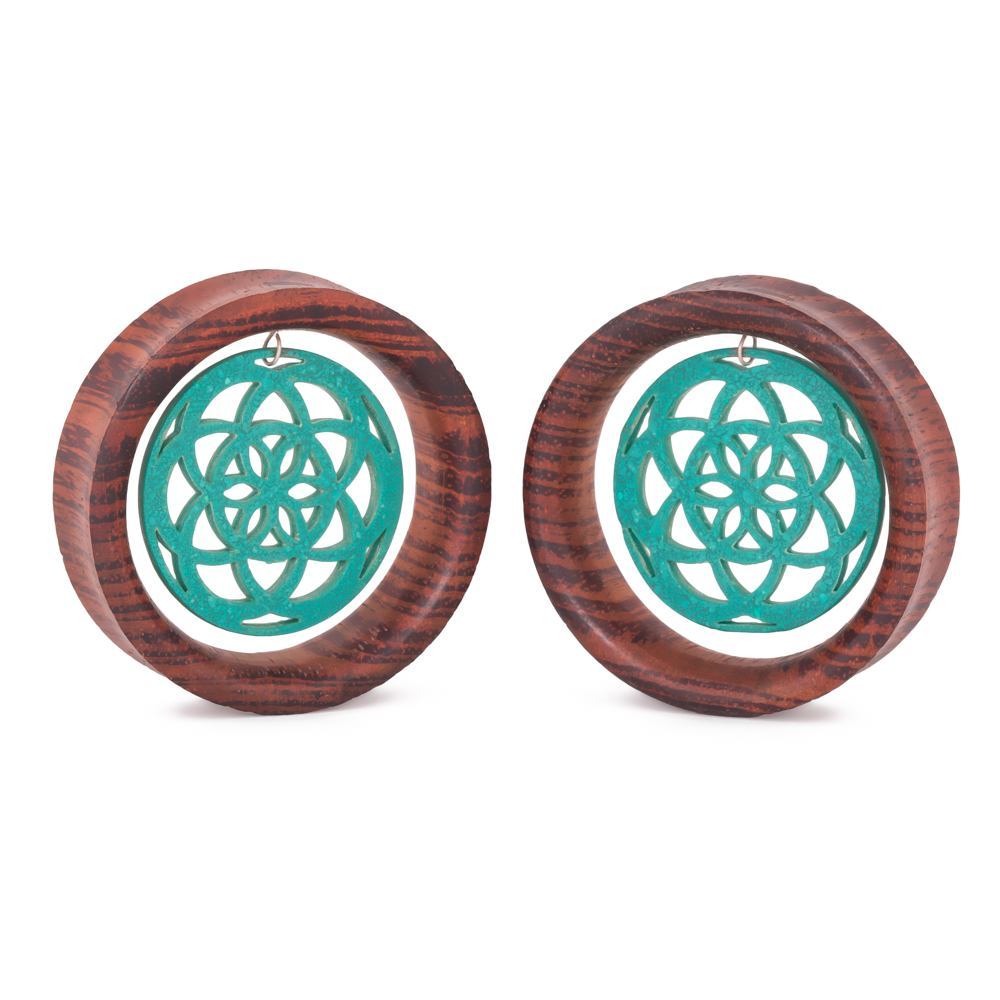 Dangling Turquoise Seed of Life Red Tigerwood Tunnel - 28mm-50mm - Price Per 1