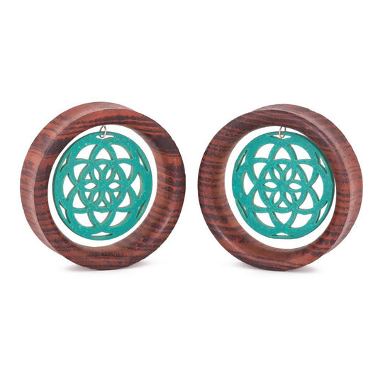 Dangling Turquoise Seed of Life Red Tigerwood Tunnel - 28mm-50mm - Price Per 1