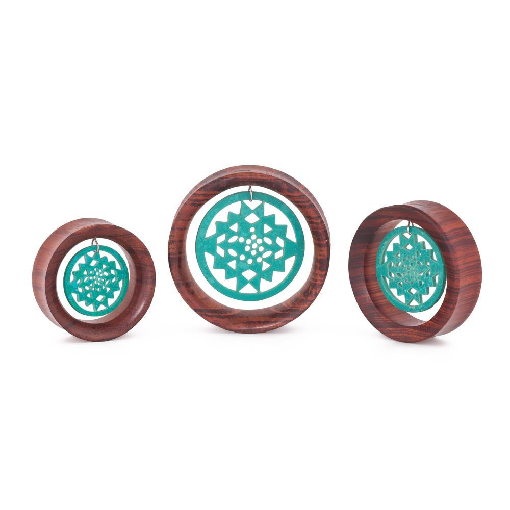 Dangling Turquoise Sri Yantra Red Tigerwood Tunnel - 36mm-50mm - Price Per 1