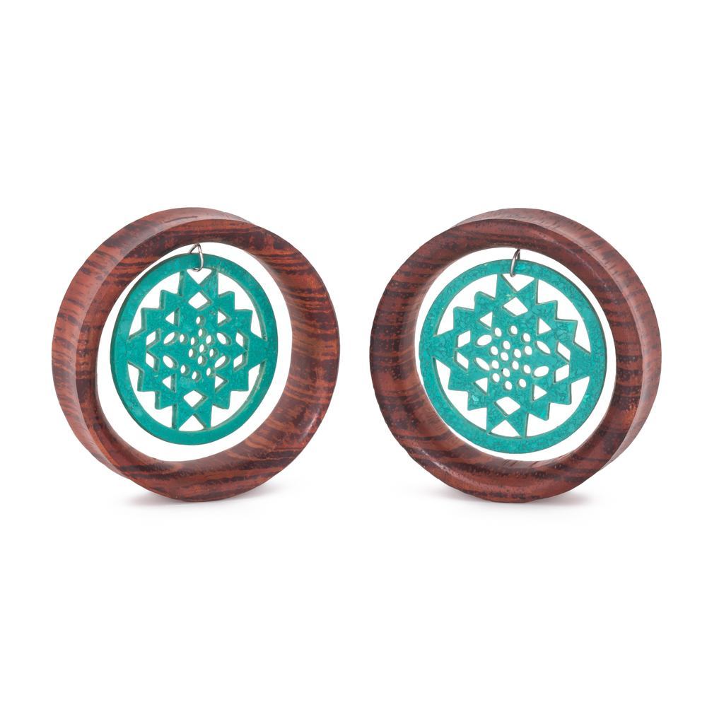 Dangling Turquoise Sri Yantra Red Tigerwood Tunnel