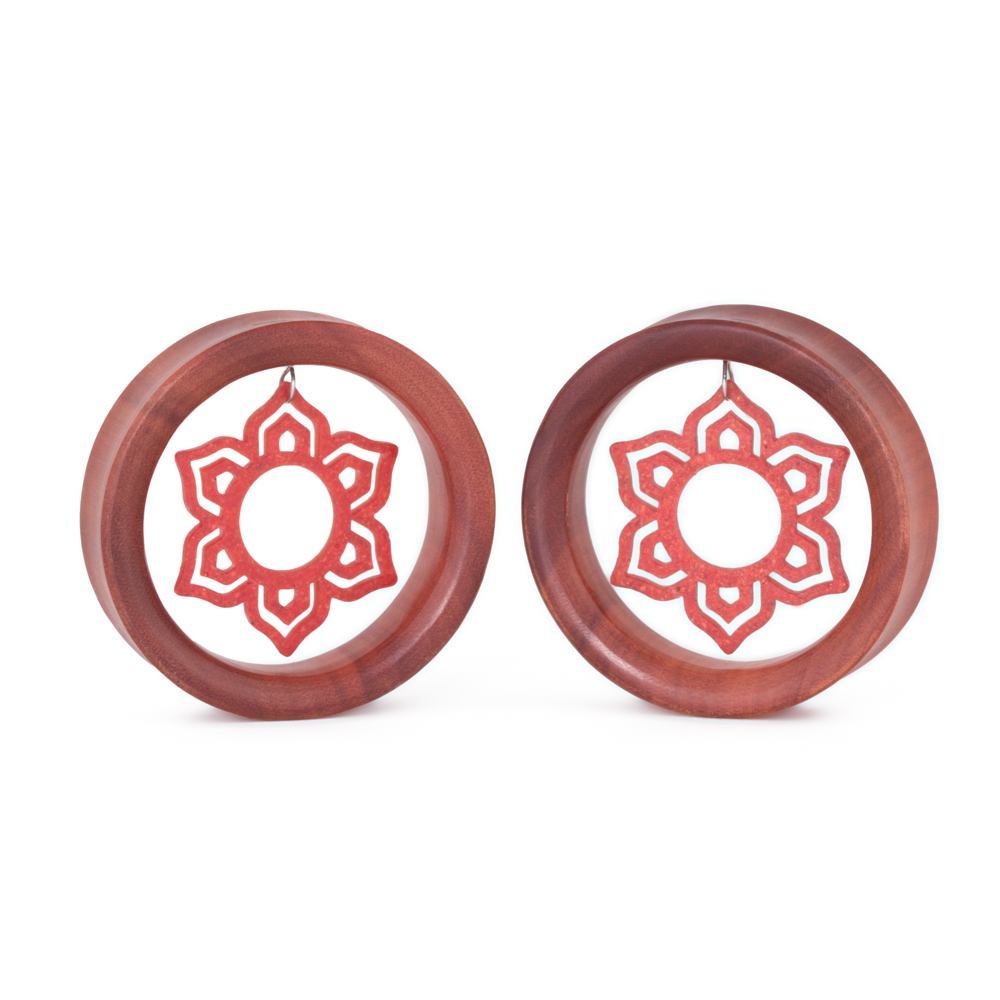 Dangling Red Coral Blooming Lotus Saba Wood Tunnel - 26mm-50mm - Price Per 1