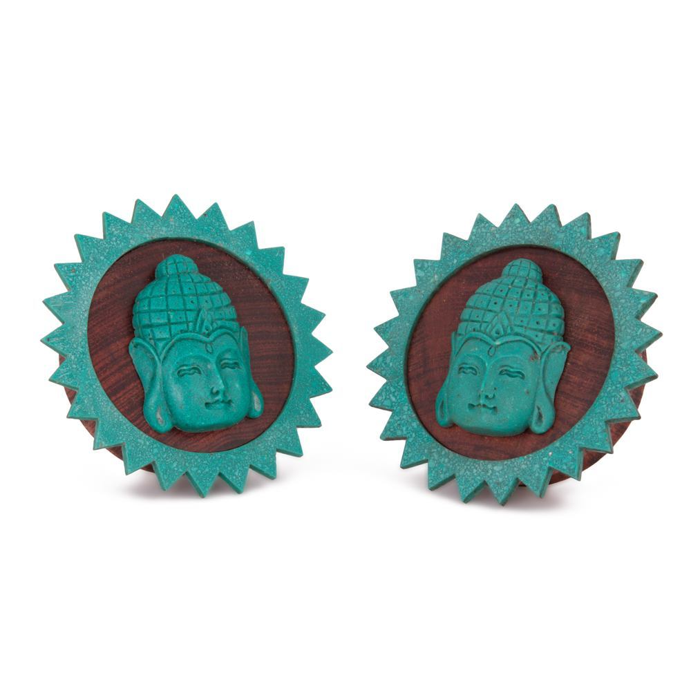 Carved Turquoise Resting Buddha Red Tigerwood Plug - 6mm-50mm - Price Per 1