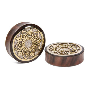 Brass Indonesian Flower Sono Wood Plug with Marble Inlay - Price Per 1 - Painful Pleasures