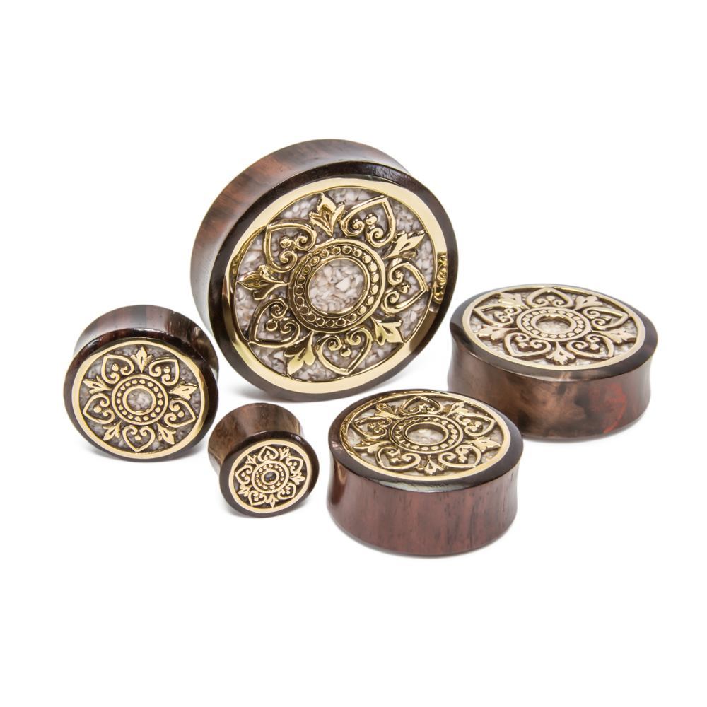Brass Indonesian Flower Sono Wood Plug with Marble Inlay