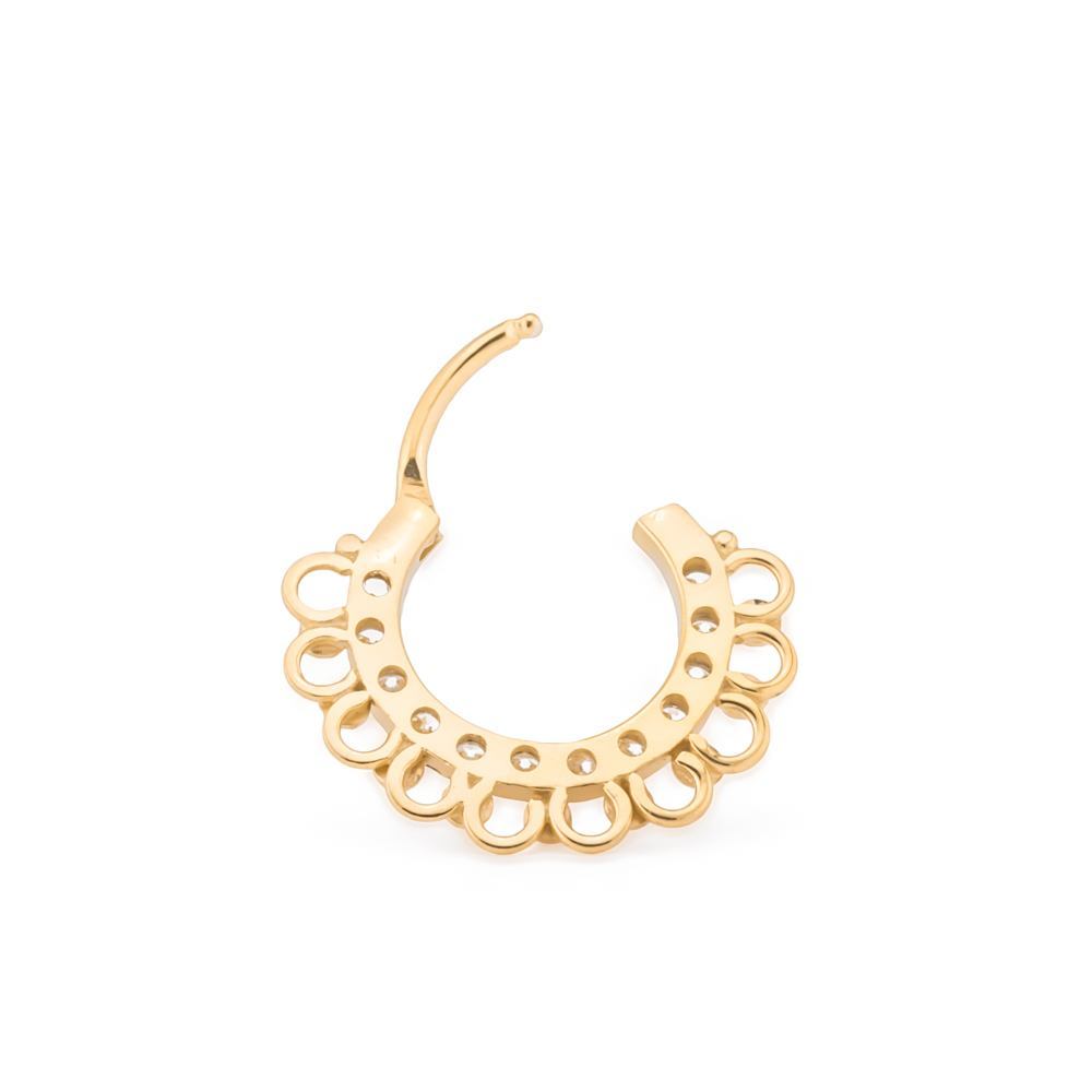 16g Gold Plated Septum Clicker with Pressed Lace Beading and Jewels Open Front