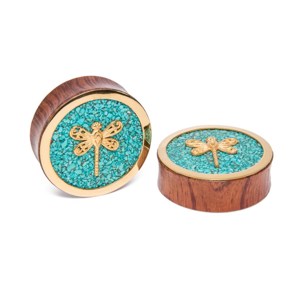 Brass Dragonfly Red Tigerwood Plug with Crushed Turquoise Inlay