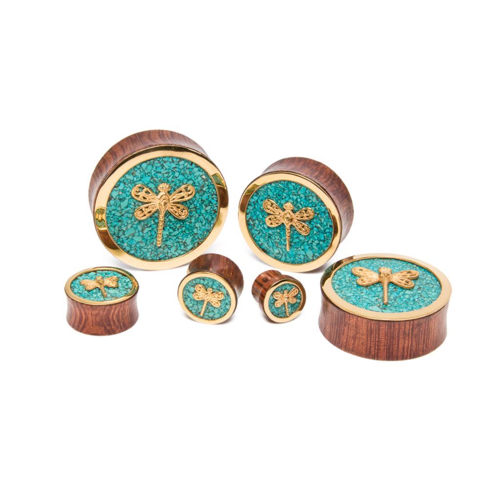 Brass Dragonfly Red Tigerwood Plug with Crushed Turquoise Inlay