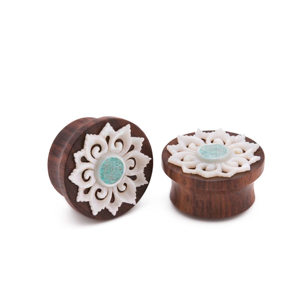 Turquoise Inlaid Mother of Pearl Flower Sono Wood Plug