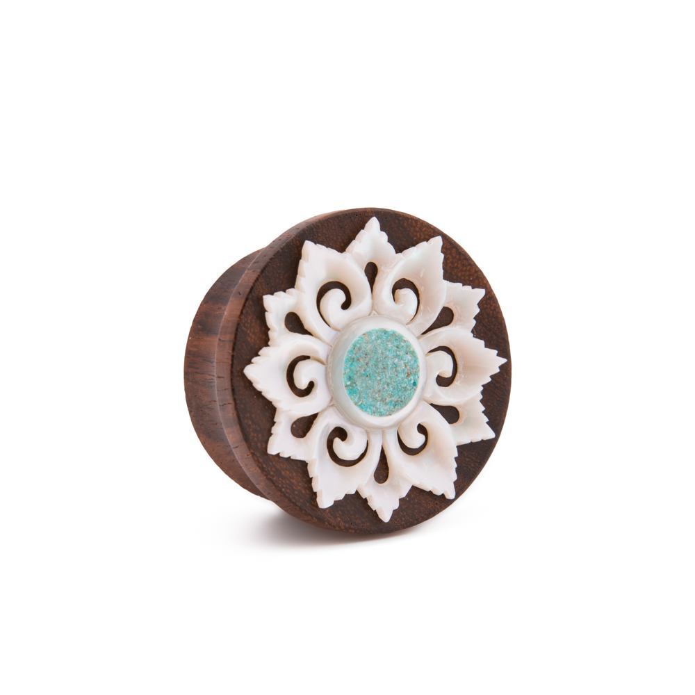 Turquoise Inlaid Mother of Pearl Flower Sono Wood Plug – 10mm-30mm – Price Per 1