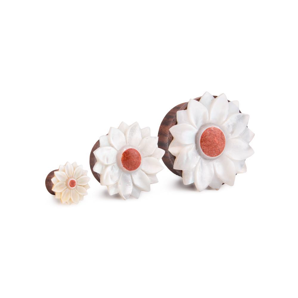 Mother of Pearl Flower Sono Wood Plug with Coral Center – Pair