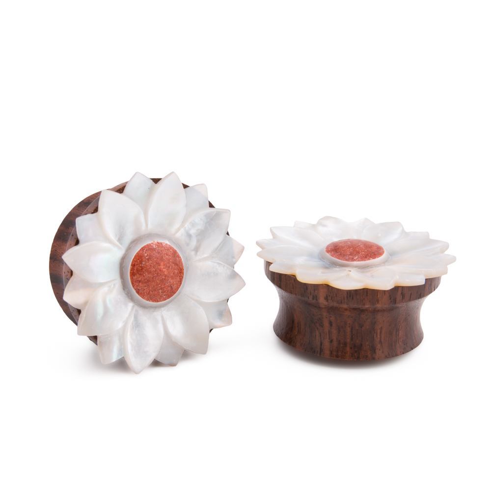 Mother of Pearl Flower Sono Wood Plug with Coral Center